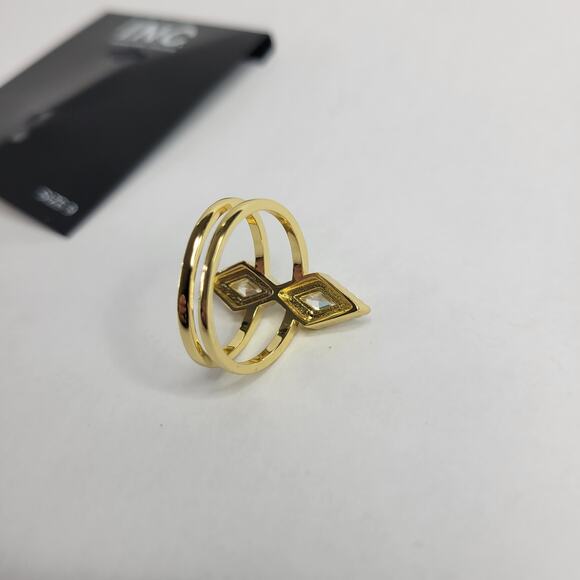 INC Gold-Tone Cubic Zirconia Triangle Double Row Ring Art Deco Vintage Size 9 - Picture 7 of 7